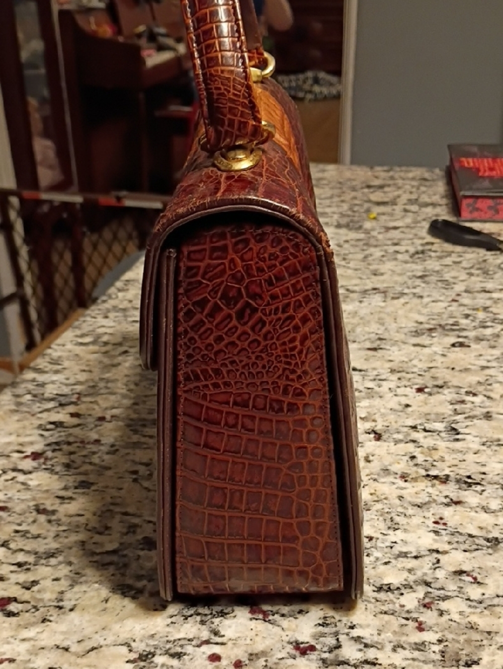 Croc-Embossed Two-Tone Brown Top-Handle Satchel - Picture 5 of 13